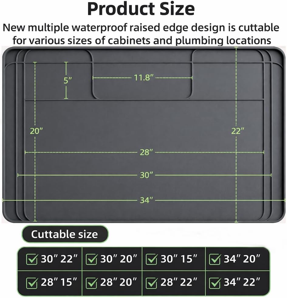 Under Sink Mat for Kitchen Waterproof, 34x22 Inches with Smaller Cut - Flexible Silicone Under Sink Liner, Kitchen Bathroom Cabinet Organizer for Drips Leaks (Grey, 34" L x 22" or Smaller)