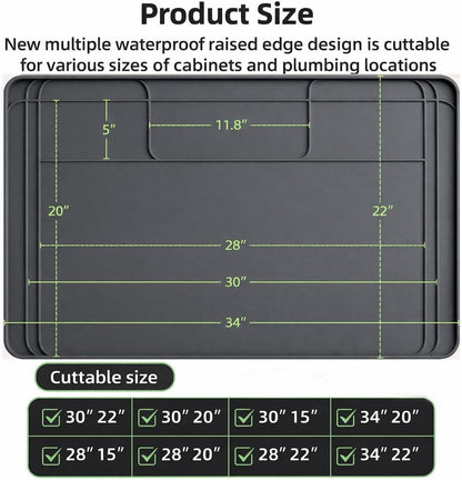 Under Sink Mat for Kitchen Waterproof, 34x22 Inches with Smaller Cut - Flexible Silicone Under Sink Liner, Kitchen Bathroom Cabinet Organizer for Drips Leaks (Grey, 34" L x 22" or Smaller)
