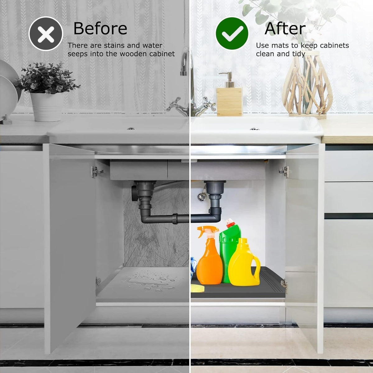 Under Sink Mat for Kitchen Waterproof, 34x22 Inches with Smaller Cut - Flexible Silicone Under Sink Liner, Kitchen Bathroom Cabinet Organizer for Drips Leaks (Grey, 34" L x 22" or Smaller)