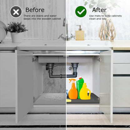 Under Sink Mat for Kitchen Waterproof, 34x22 Inches with Smaller Cut - Flexible Silicone Under Sink Liner, Kitchen Bathroom Cabinet Organizer for Drips Leaks (Grey, 34" L x 22" or Smaller)