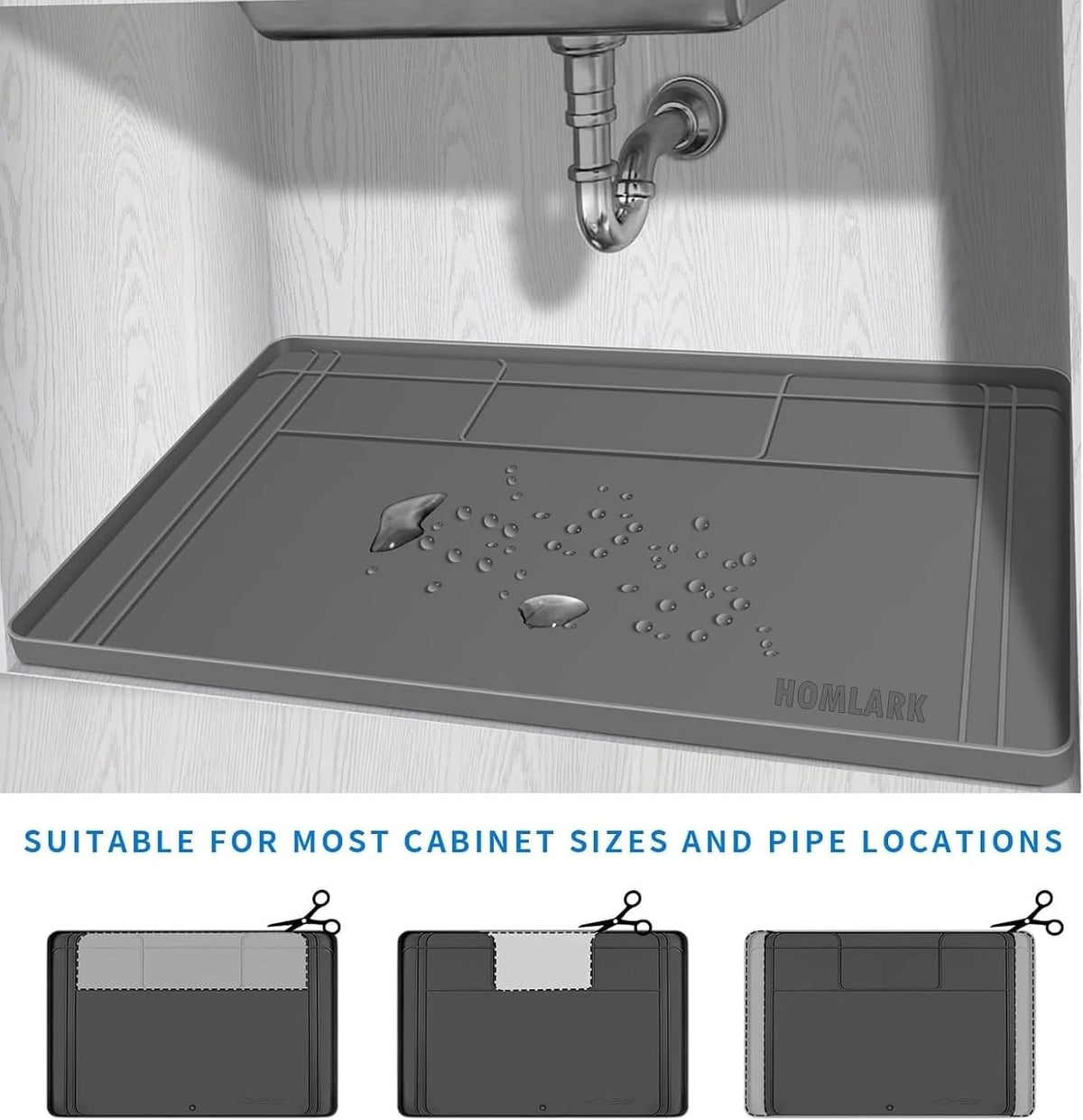Under Sink Mat for Kitchen Waterproof, 34x22 Inches with Smaller Cut - Flexible Silicone Under Sink Liner, Kitchen Bathroom Cabinet Organizer for Drips Leaks (Grey, 34" L x 22" or Smaller)