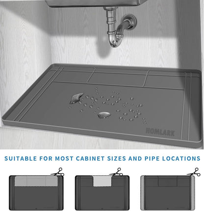 Under Sink Mat for Kitchen Waterproof, 34x22 Inches with Smaller Cut - Flexible Silicone Under Sink Liner, Kitchen Bathroom Cabinet Organizer for Drips Leaks (Grey, 34" L x 22" or Smaller)