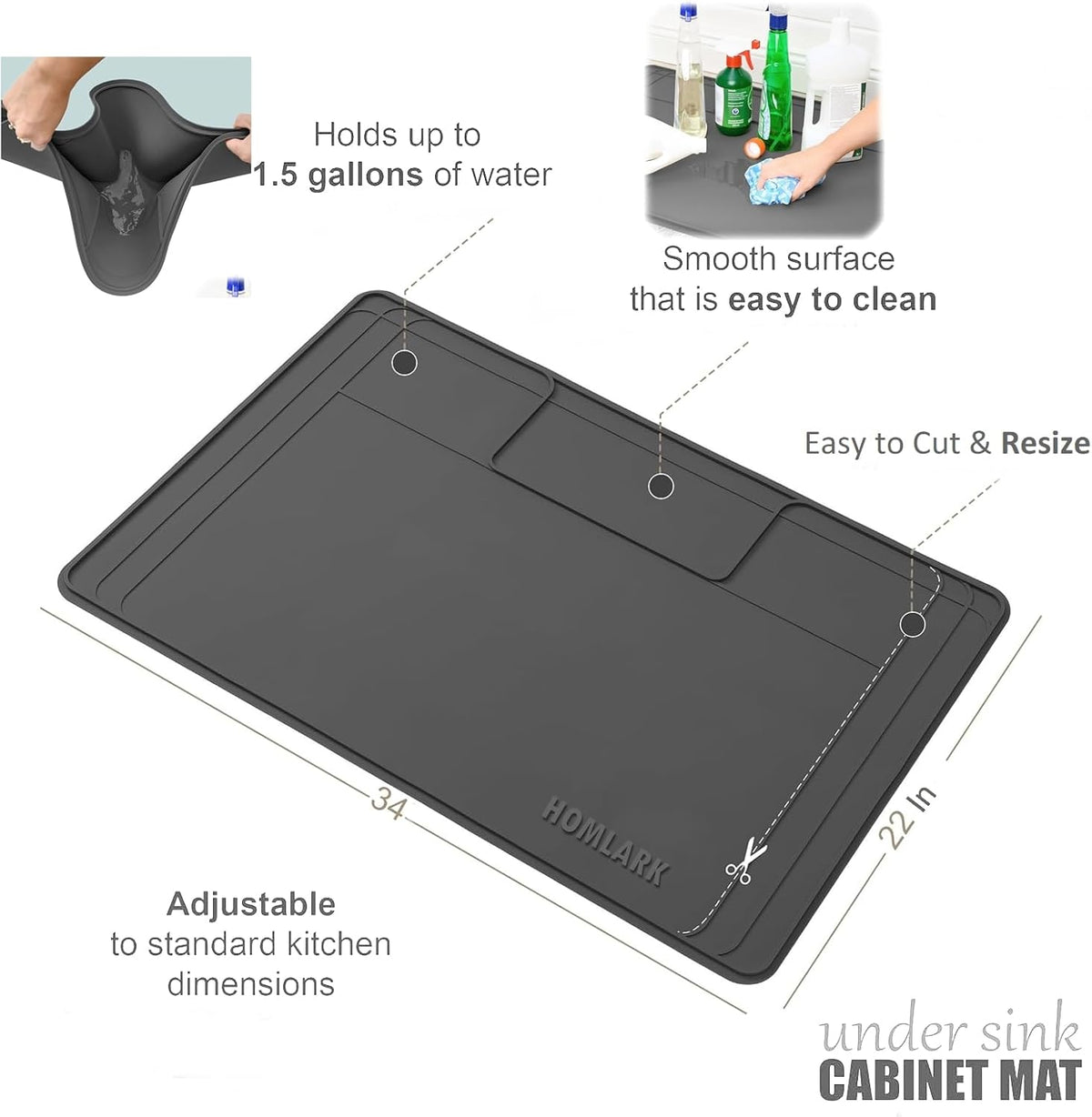 Under Sink Mat for Kitchen Waterproof, 34x22 Inches with Smaller Cut - Flexible Silicone Under Sink Liner, Kitchen Bathroom Cabinet Organizer for Drips Leaks (Grey, 34" L x 22" or Smaller)