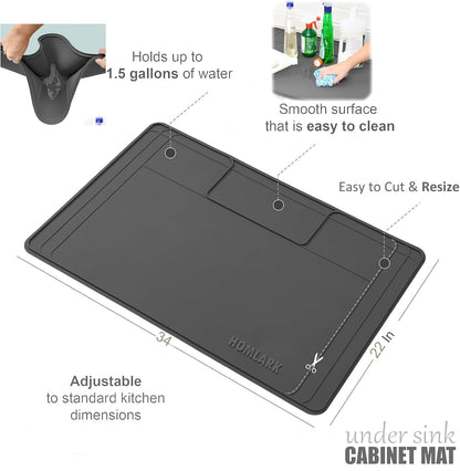 Under Sink Mat for Kitchen Waterproof, 34x22 Inches with Smaller Cut - Flexible Silicone Under Sink Liner, Kitchen Bathroom Cabinet Organizer for Drips Leaks (Grey, 34" L x 22" or Smaller)