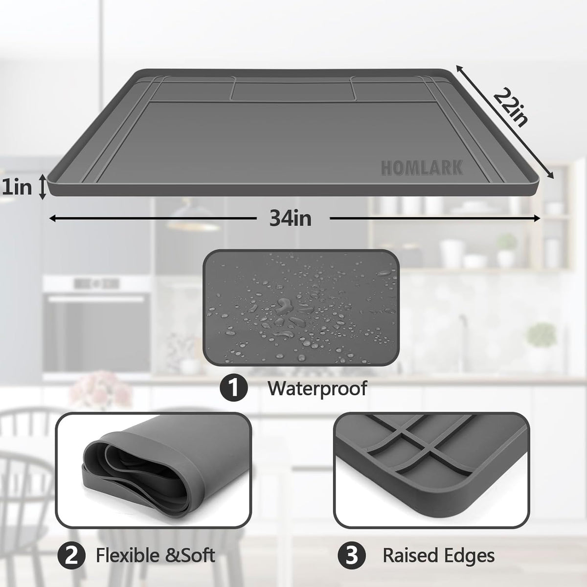 Under Sink Mat for Kitchen Waterproof, 34x22 Inches with Smaller Cut - Flexible Silicone Under Sink Liner, Kitchen Bathroom Cabinet Organizer for Drips Leaks (Grey, 34" L x 22" or Smaller)
