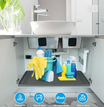Under Sink Mat for Kitchen Waterproof, 34x22 Inches with Smaller Cut - Flexible Silicone Under Sink Liner, Kitchen Bathroom Cabinet Organizer for Drips Leaks (Grey, 34" L x 22" or Smaller)