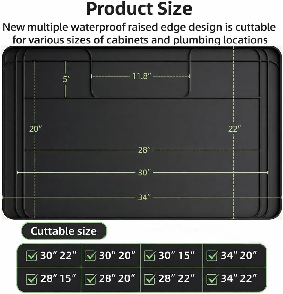 Under Sink Mat for Kitchen Waterproof, 34x22 Inches with Smaller Cut - Flexible Silicone Under Sink Liner, Kitchen Bathroom Cabinet Organizer for Drips Leaks (Grey, 34" L x 22" or Smaller)