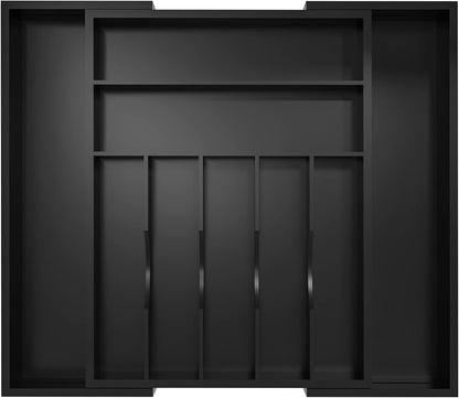 Utensil Organizer Silverware Drawer Organizer - Bamboo Expandable Cutlery Tray with Dividers for Utensil Holder Office Storage Makeup Desk Drawer Tool Organization W13.5"-19.5" x L17.5" x H2.5"(Black) | Expandable