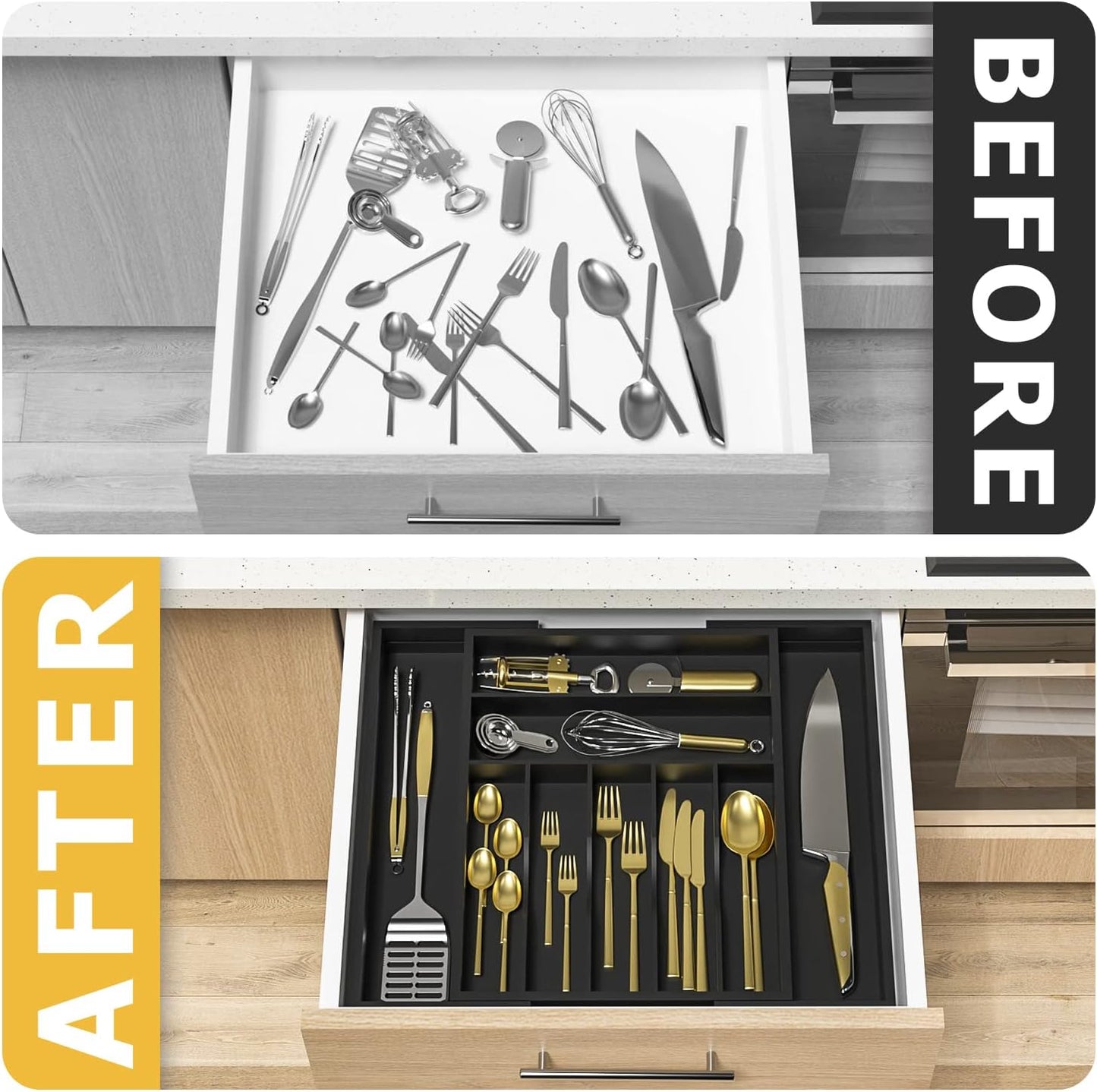 Utensil Organizer Silverware Drawer Organizer - Bamboo Expandable Cutlery Tray with Dividers for Utensil Holder Office Storage Makeup Desk Drawer Tool Organization W13.5"-19.5" x L17.5" x H2.5"(Black) | Expandable