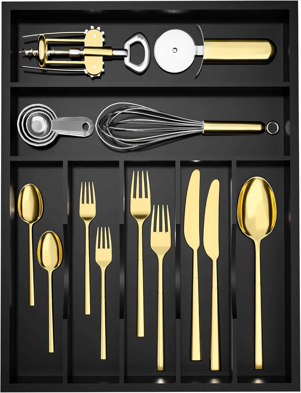 Utensil Organizer Silverware Drawer Organizer - Bamboo Expandable Cutlery Tray with Dividers for Utensil Holder Office Storage Makeup Desk Drawer Tool Organization W13.5"-19.5" x L17.5" x H2.5"(Black) | Expandable