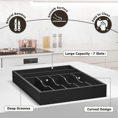 Utensil Organizer Silverware Drawer Organizer - Bamboo Expandable Cutlery Tray with Dividers for Utensil Holder Office Storage Makeup Desk Drawer Tool Organization W13.5"-19.5" x L17.5" x H2.5"(Black) | Expandable