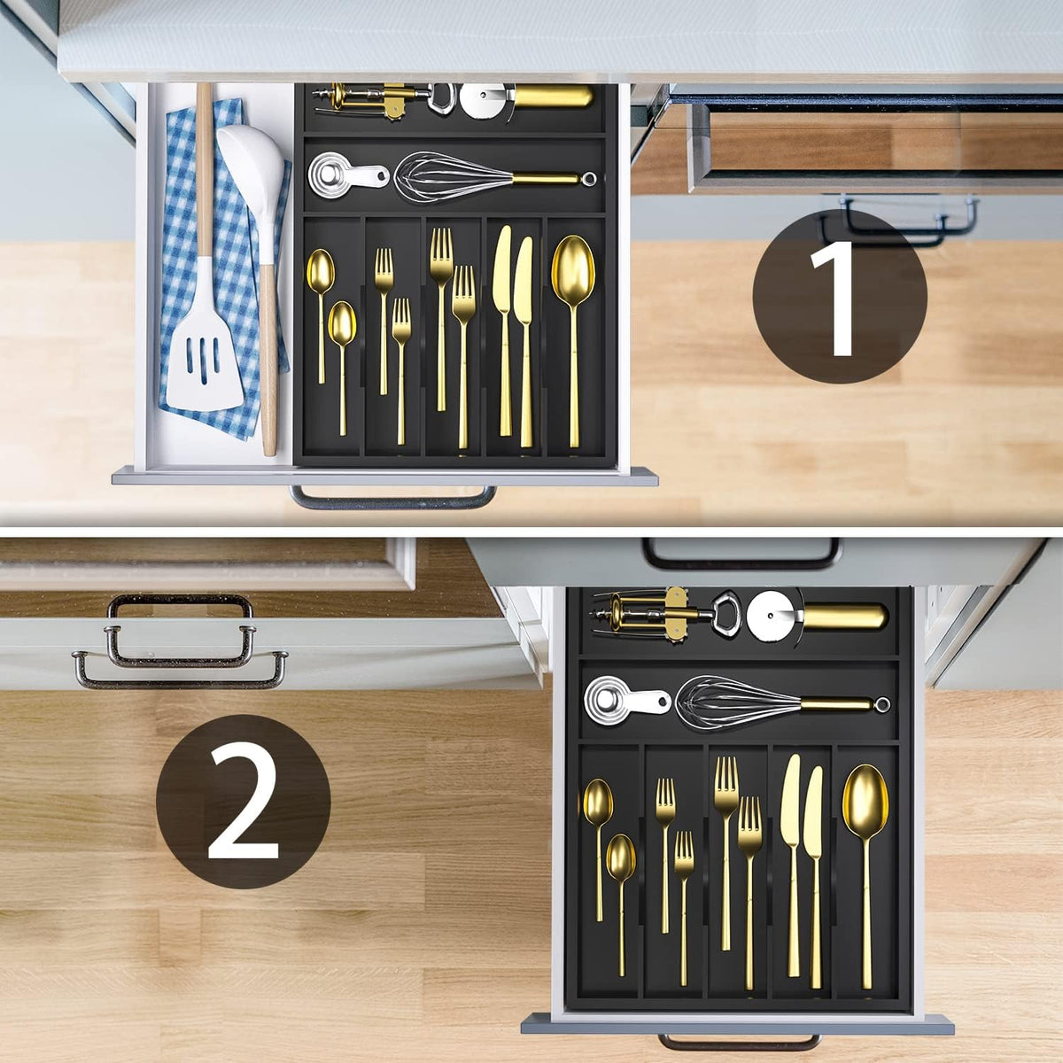 Utensil Organizer Silverware Drawer Organizer - Bamboo Expandable Cutlery Tray with Dividers for Utensil Holder Office Storage Makeup Desk Drawer Tool Organization W13.5"-19.5" x L17.5" x H2.5"(Black) | Expandable