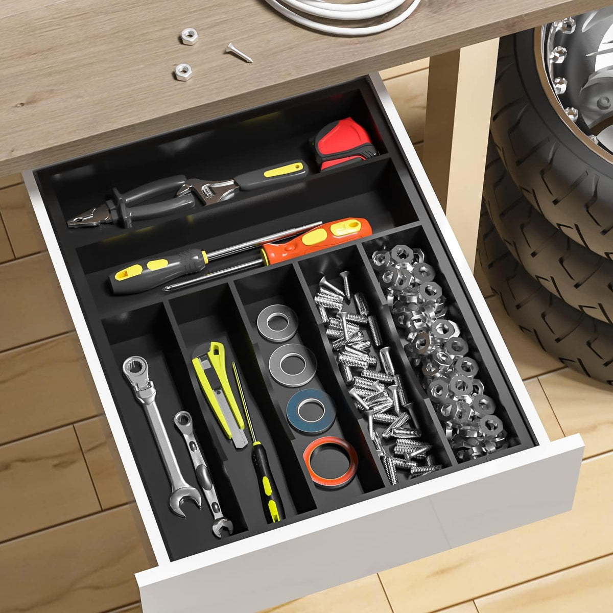 Utensil Organizer Silverware Drawer Organizer - Bamboo Expandable Cutlery Tray with Dividers for Utensil Holder Office Storage Makeup Desk Drawer Tool Organization W13.5"-19.5" x L17.5" x H2.5"(Black) | Expandable