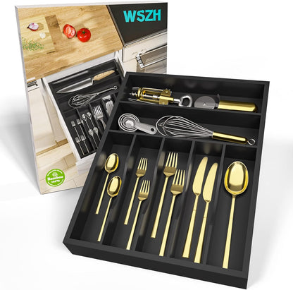 Utensil Organizer Silverware Drawer Organizer - Bamboo Expandable Cutlery Tray with Dividers for Utensil Holder Office Storage Makeup Desk Drawer Tool Organization W13.5"-19.5" x L17.5" x H2.5"(Black) | Expandable