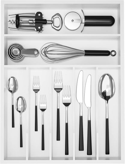 Utensil Organizer Silverware Drawer Organizer - Bamboo Expandable Cutlery Tray with Dividers for Utensil Holder Office Storage Makeup Desk Drawer Tool Organization W13.5"-19.5" x L17.5" x H2.5"(Black) | Expandable