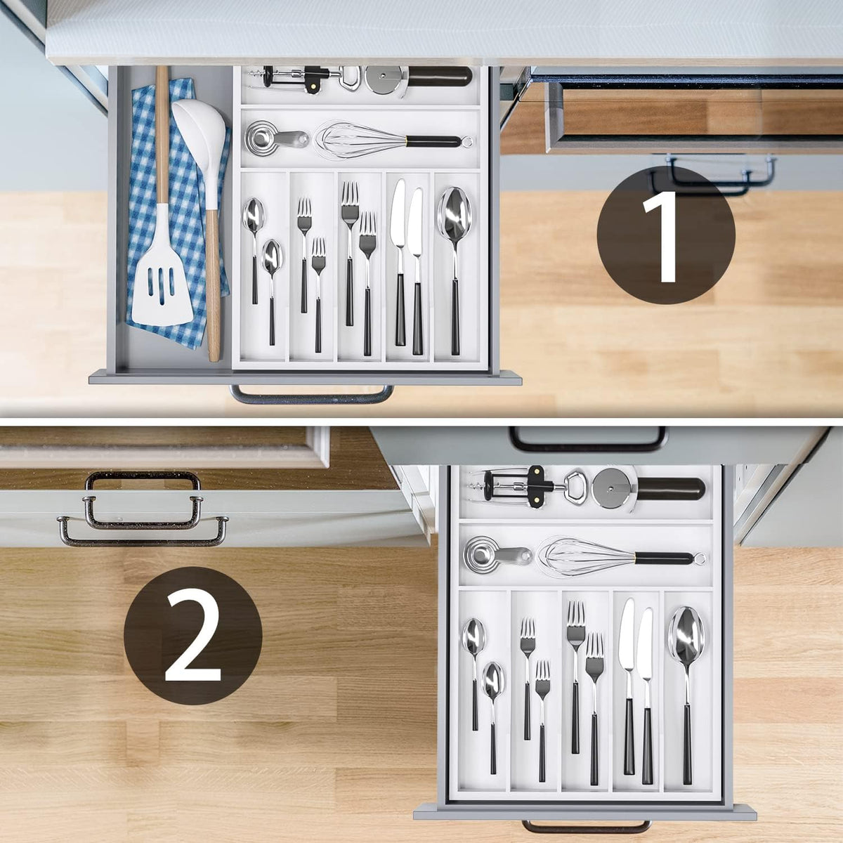 Utensil Organizer Silverware Drawer Organizer - Bamboo Expandable Cutlery Tray with Dividers for Utensil Holder Office Storage Makeup Desk Drawer Tool Organization W13.5"-19.5" x L17.5" x H2.5"(Black) | Expandable