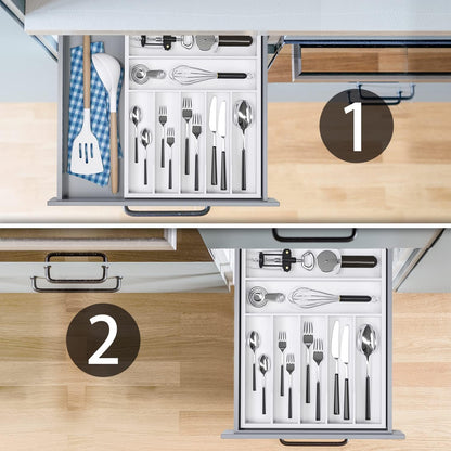 Utensil Organizer Silverware Drawer Organizer - Bamboo Expandable Cutlery Tray with Dividers for Utensil Holder Office Storage Makeup Desk Drawer Tool Organization W13.5"-19.5" x L17.5" x H2.5"(Black) | Expandable
