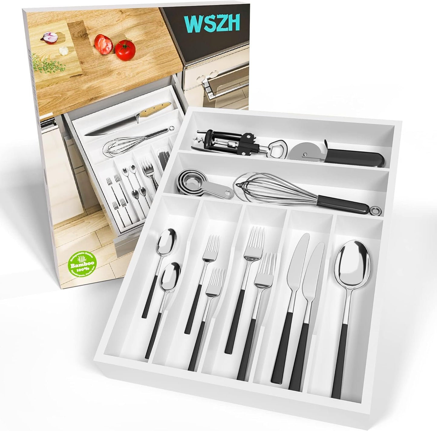 Utensil Organizer Silverware Drawer Organizer - Bamboo Expandable Cutlery Tray with Dividers for Utensil Holder Office Storage Makeup Desk Drawer Tool Organization W13.5"-19.5" x L17.5" x H2.5"(Black) | Expandable