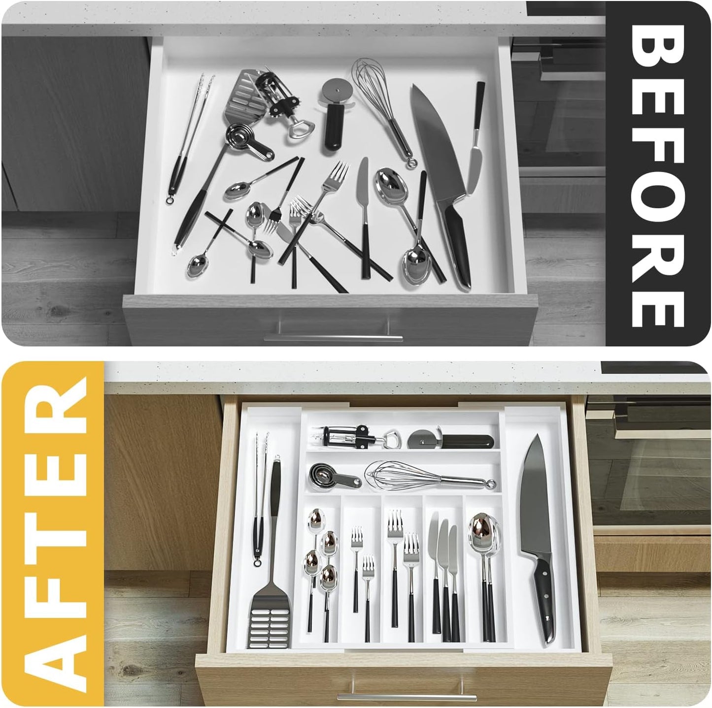Utensil Organizer Silverware Drawer Organizer - Bamboo Expandable Cutlery Tray with Dividers for Utensil Holder Office Storage Makeup Desk Drawer Tool Organization W13.5"-19.5" x L17.5" x H2.5"(Black) | Expandable