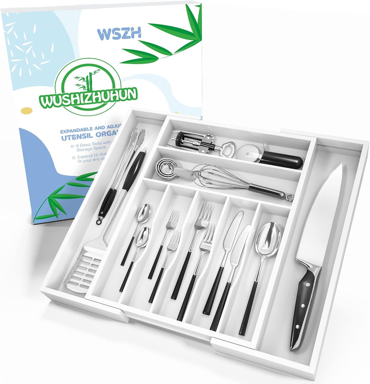 Utensil Organizer Silverware Drawer Organizer - Bamboo Expandable Cutlery Tray with Dividers for Utensil Holder Office Storage Makeup Desk Drawer Tool Organization W13.5"-19.5" x L17.5" x H2.5"(Black) | Expandable
