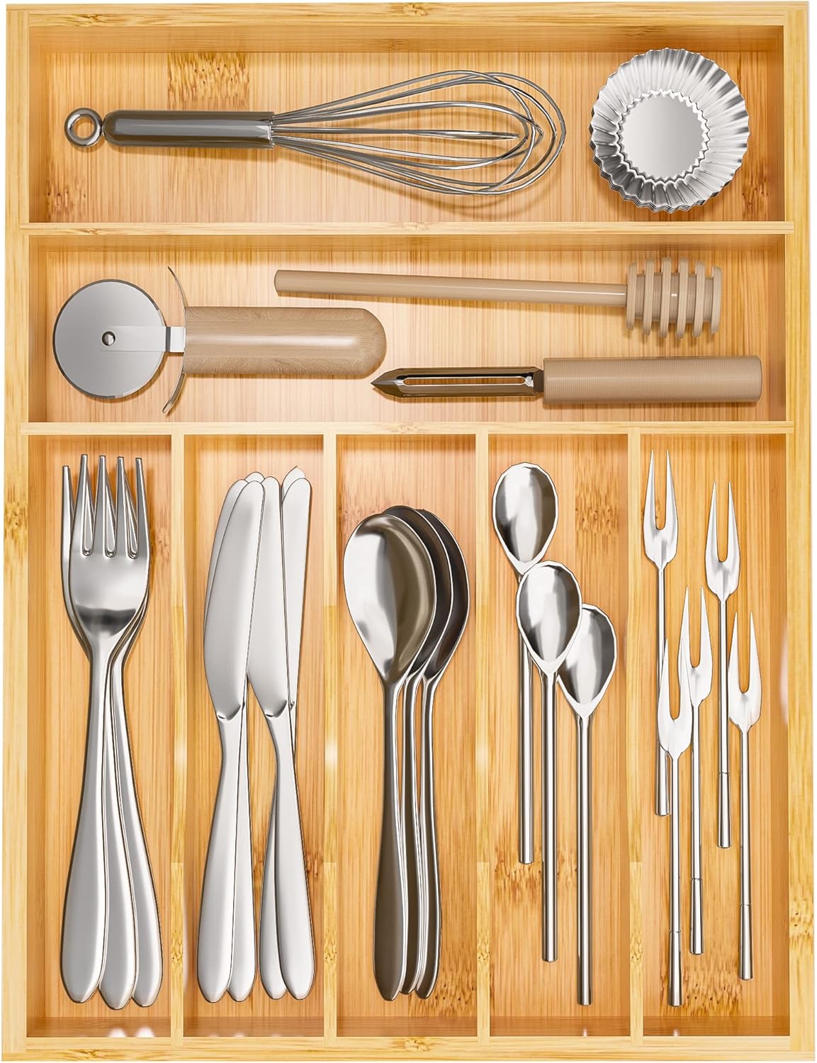 Utensil Organizer Silverware Drawer Organizer - Bamboo Expandable Cutlery Tray with Dividers for Utensil Holder Office Storage Makeup Desk Drawer Tool Organization W13.5"-19.5" x L17.5" x H2.5"(Black) | Expandable