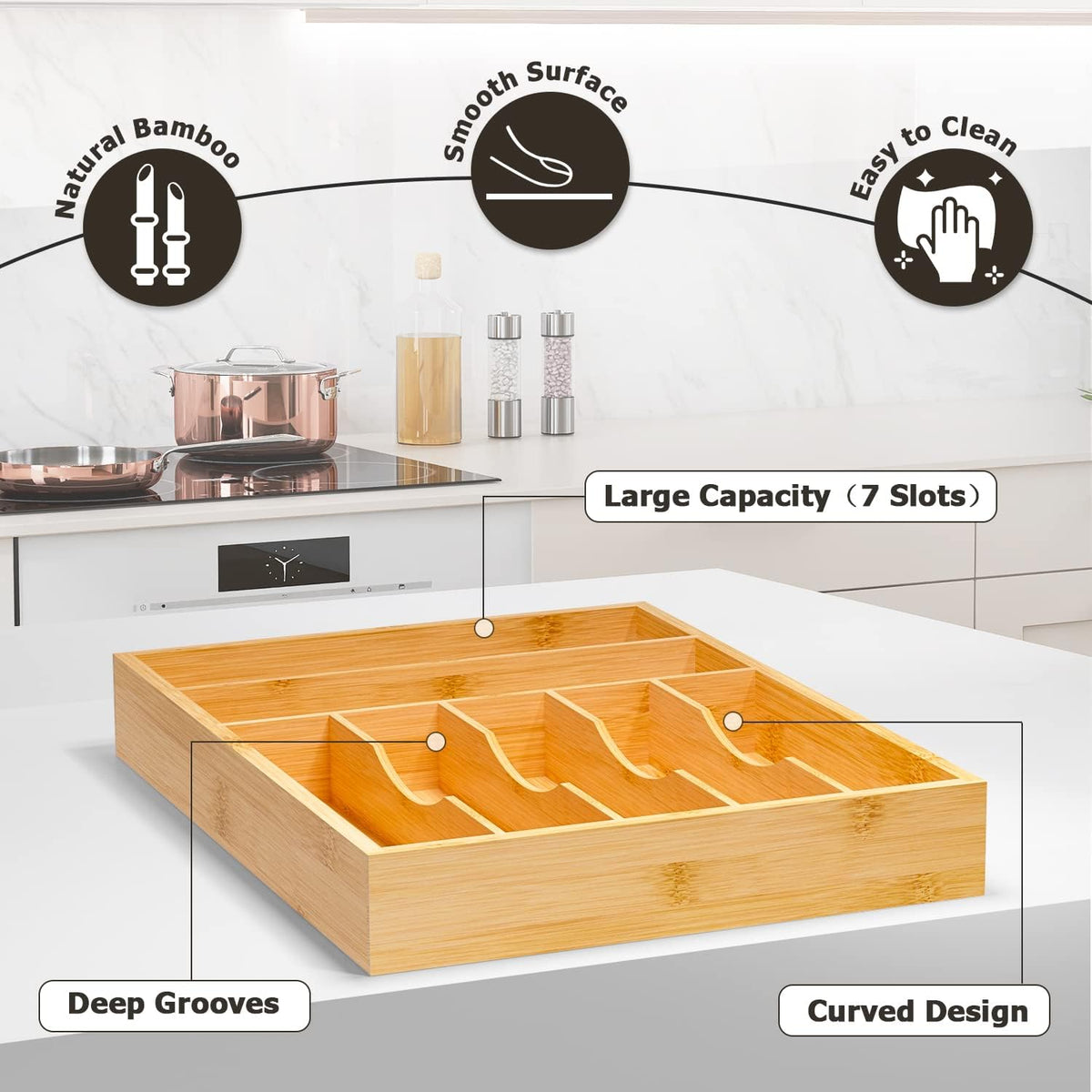 Utensil Organizer Silverware Drawer Organizer - Bamboo Expandable Cutlery Tray with Dividers for Utensil Holder Office Storage Makeup Desk Drawer Tool Organization W13.5"-19.5" x L17.5" x H2.5"(Black) | Expandable