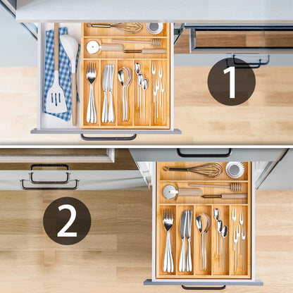 Utensil Organizer Silverware Drawer Organizer - Bamboo Expandable Cutlery Tray with Dividers for Utensil Holder Office Storage Makeup Desk Drawer Tool Organization W13.5"-19.5" x L17.5" x H2.5"(Black) | Expandable