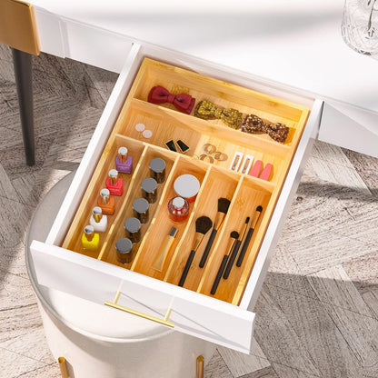 Utensil Organizer Silverware Drawer Organizer - Bamboo Expandable Cutlery Tray with Dividers for Utensil Holder Office Storage Makeup Desk Drawer Tool Organization W13.5"-19.5" x L17.5" x H2.5"(Black) | Expandable