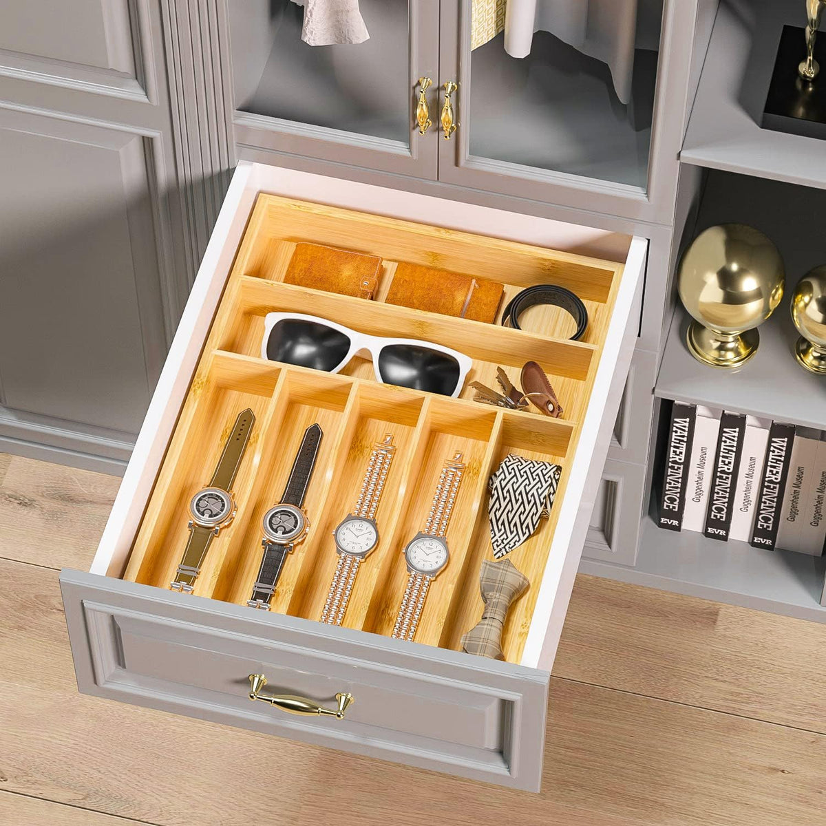 Utensil Organizer Silverware Drawer Organizer - Bamboo Expandable Cutlery Tray with Dividers for Utensil Holder Office Storage Makeup Desk Drawer Tool Organization W13.5"-19.5" x L17.5" x H2.5"(Black) | Expandable