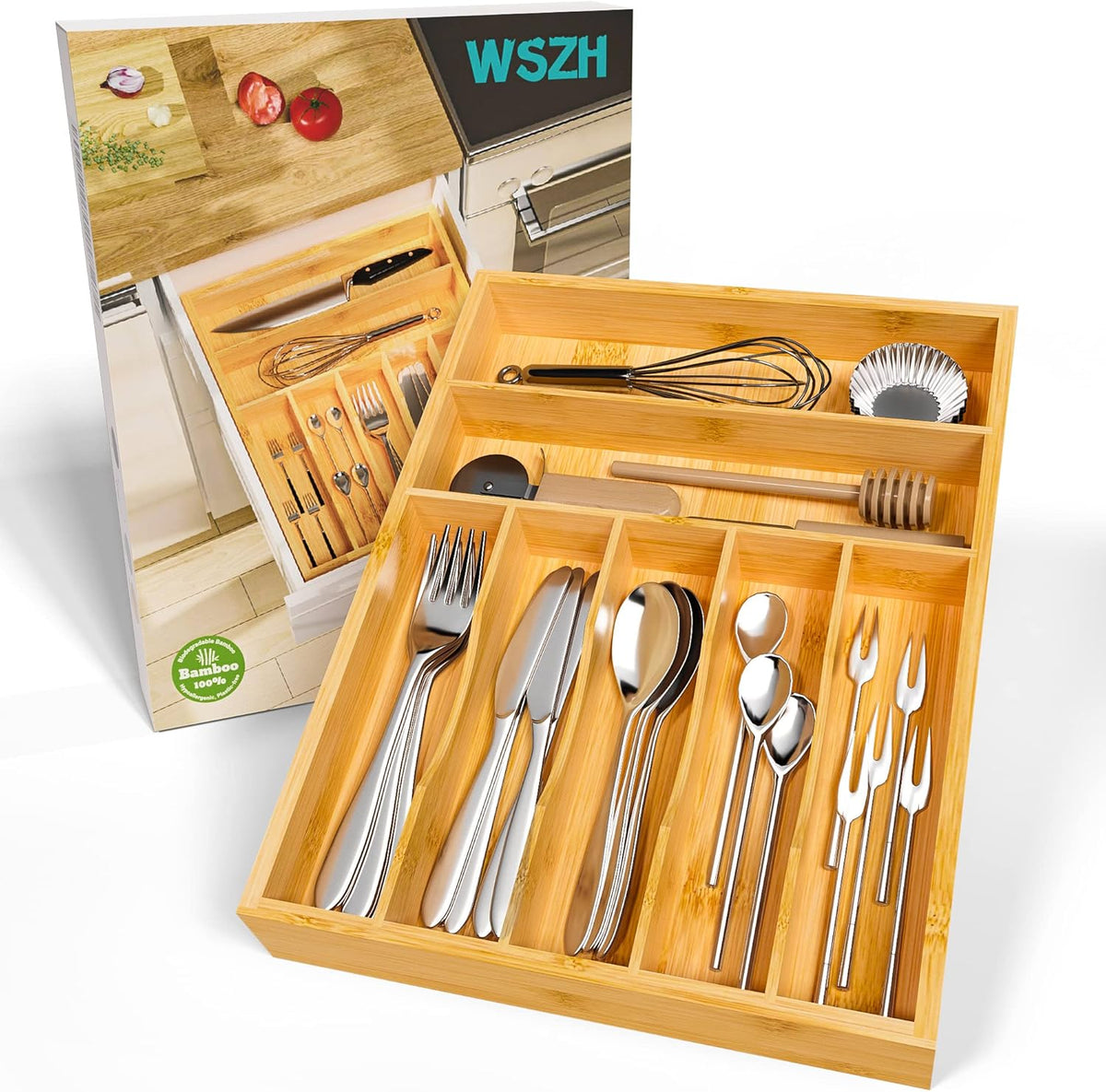 Utensil Organizer Silverware Drawer Organizer - Bamboo Expandable Cutlery Tray with Dividers for Utensil Holder Office Storage Makeup Desk Drawer Tool Organization W13.5"-19.5" x L17.5" x H2.5"(Black) | Expandable