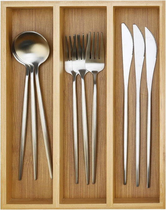 Small Bamboo Silverware Drawer Organizer Kitchen Utensil Spoon Cutlery Tray | Compact 3 Slot Spoon and Fork Tray Skinny Flatware Narrow Cutlery Utensil Holder Short Knife Trays Slim Silverware Organizers
