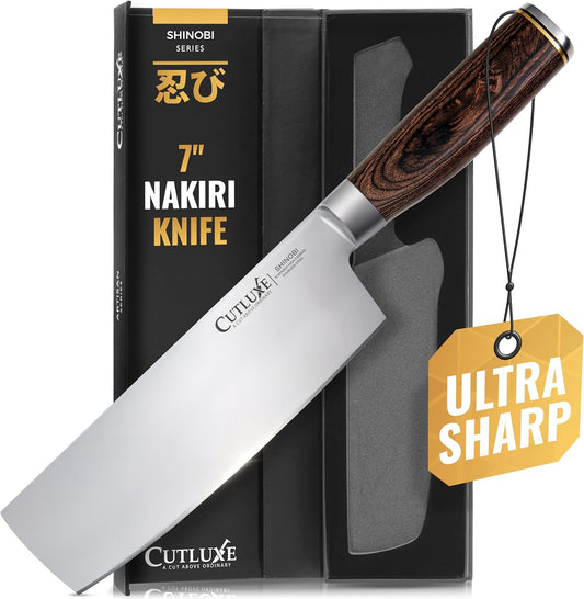 Nakiri Knife, 7" Japanese Meat & Vegetable Knife for Chopping | Ultra Sharp High Carbon Stainless Steel, Full Tang Pakkawood Handle – Shinobi Series