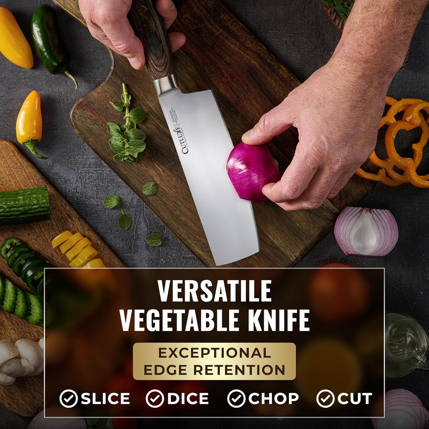 Nakiri Knife, 7" Japanese Meat & Vegetable Knife for Chopping | Ultra Sharp High Carbon Stainless Steel, Full Tang Pakkawood Handle – Shinobi Series