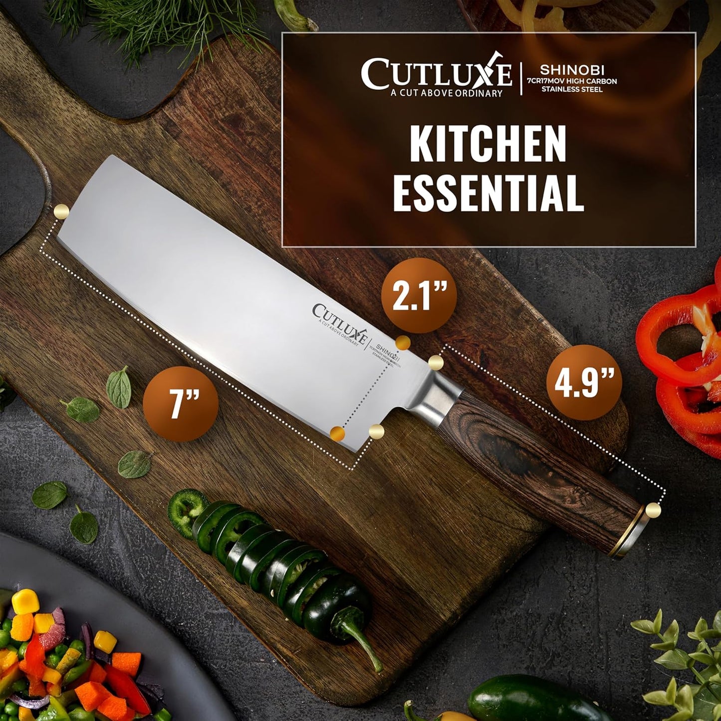 Nakiri Knife, 7" Japanese Meat & Vegetable Knife for Chopping | Ultra Sharp High Carbon Stainless Steel, Full Tang Pakkawood Handle – Shinobi Series