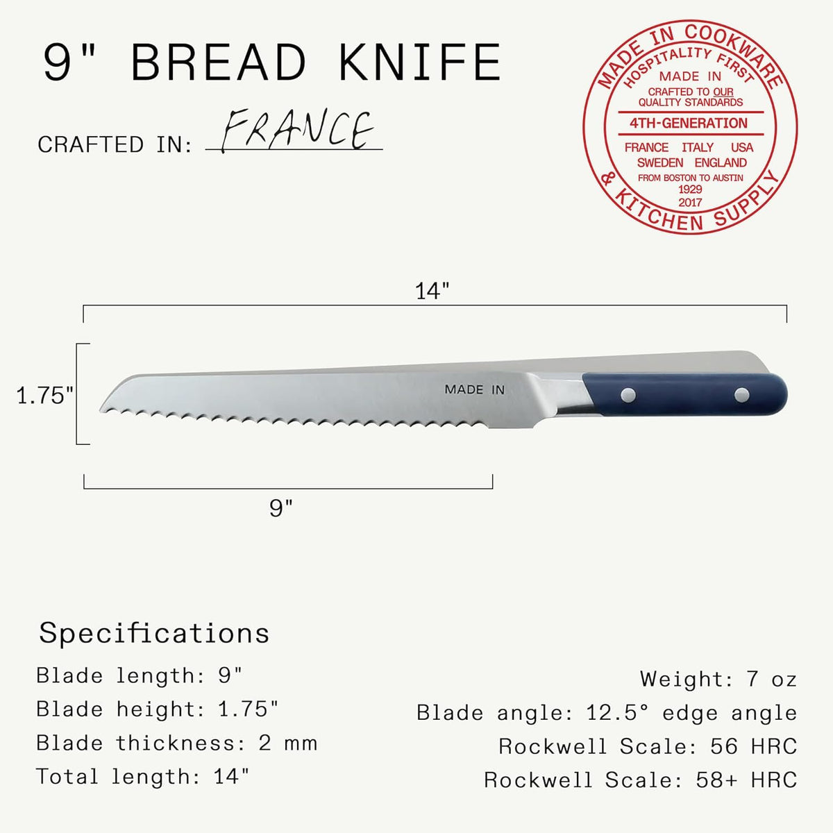 Cookware - 9" Bread Knife France - Full Tang with Harbour Blue Handle