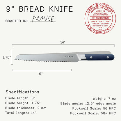 Cookware - 9" Bread Knife France - Full Tang with Harbour Blue Handle