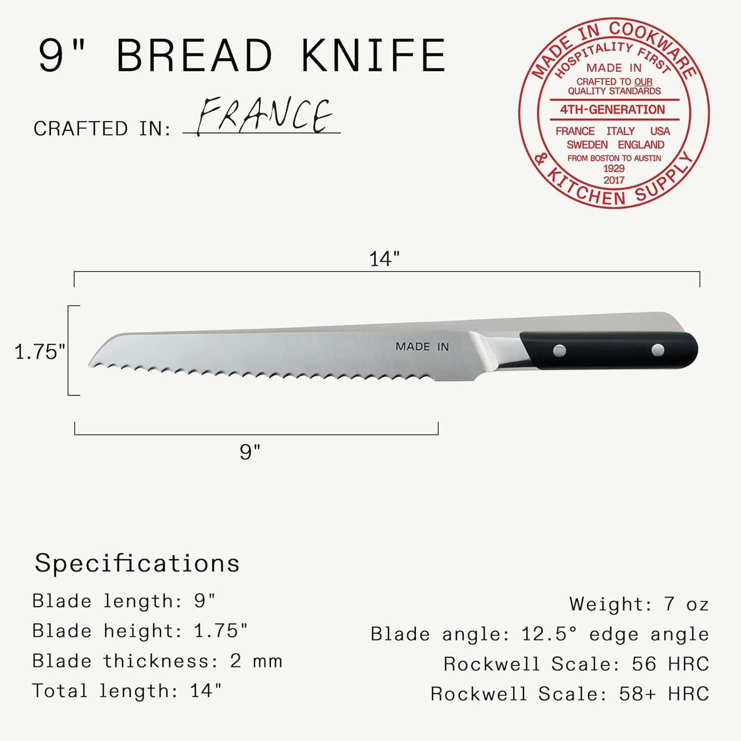 Cookware - 9" Bread Knife France - Full Tang with Harbour Blue Handle