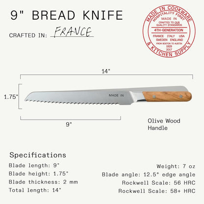 Cookware - 9" Bread Knife France - Full Tang with Harbour Blue Handle