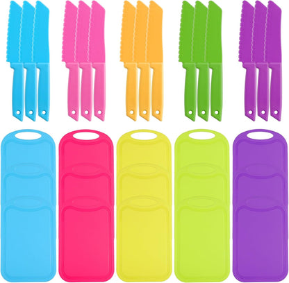 30 Pcs Kids Plastic Knife Set with Cutting Board, Plastic Safe Knives Toddler Cutting Board Colorful Toddler Kids Cooking Utensils for Salad Fruit Vegetables