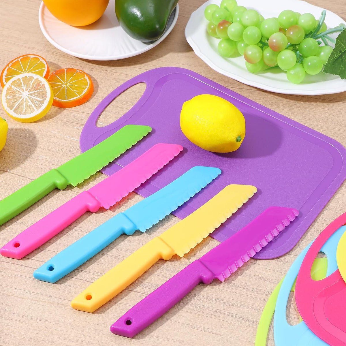 30 Pcs Kids Plastic Knife Set with Cutting Board, Plastic Safe Knives Toddler Cutting Board Colorful Toddler Kids Cooking Utensils for Salad Fruit Vegetables