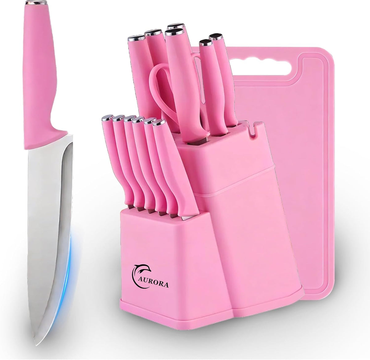 Knife Set, 15 Piece Knife Block Set with Built-in Sharpener, Dishwasher Safe, Rust Resistant, Ergonomic Handle, Stainless Steel Pink
