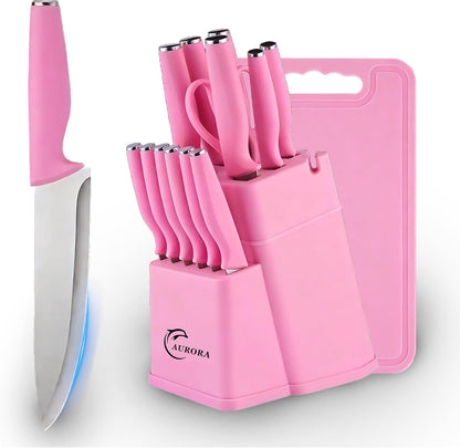 Knife Set, 15 Piece Knife Block Set with Built-in Sharpener, Dishwasher Safe, Rust Resistant, Ergonomic Handle, Stainless Steel Pink