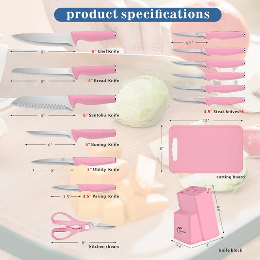 Knife Set, 15 Piece Knife Block Set with Built-in Sharpener, Dishwasher Safe, Rust Resistant, Ergonomic Handle, Stainless Steel Pink