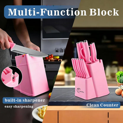 Knife Set, 15 Piece Knife Block Set with Built-in Sharpener, Dishwasher Safe, Rust Resistant, Ergonomic Handle, Stainless Steel Pink
