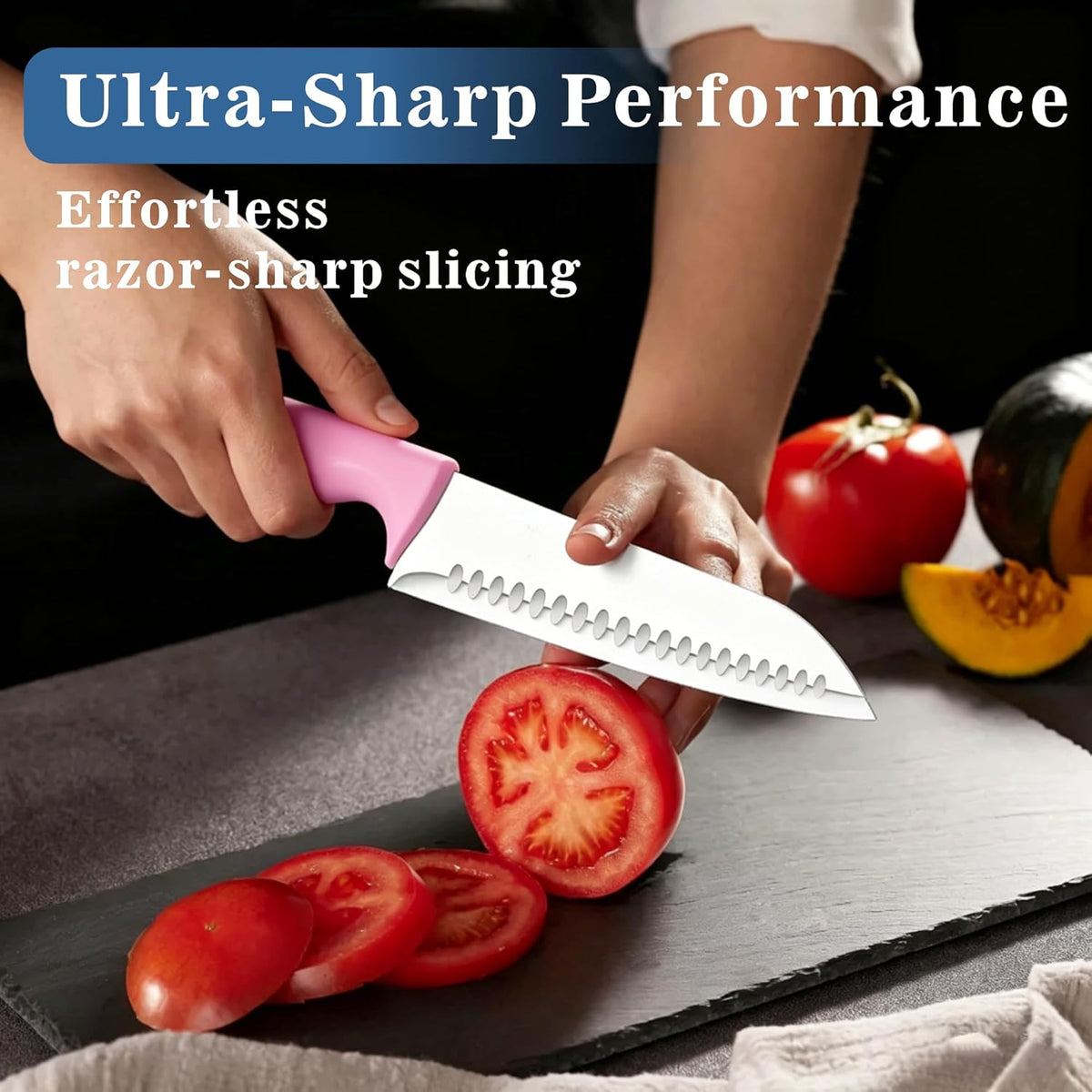 Knife Set, 15 Piece Knife Block Set with Built-in Sharpener, Dishwasher Safe, Rust Resistant, Ergonomic Handle, Stainless Steel Pink