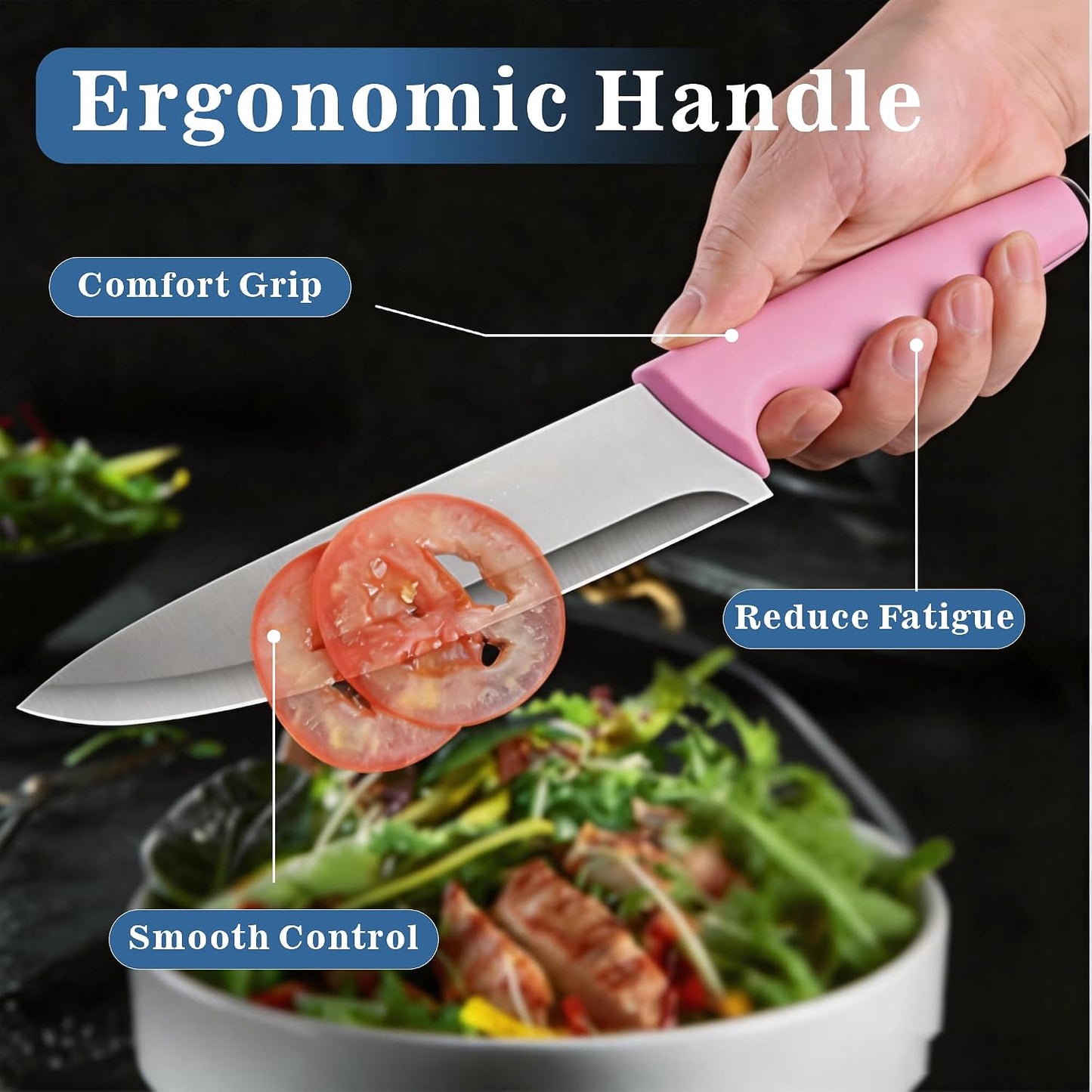 Knife Set, 15 Piece Knife Block Set with Built-in Sharpener, Dishwasher Safe, Rust Resistant, Ergonomic Handle, Stainless Steel Pink