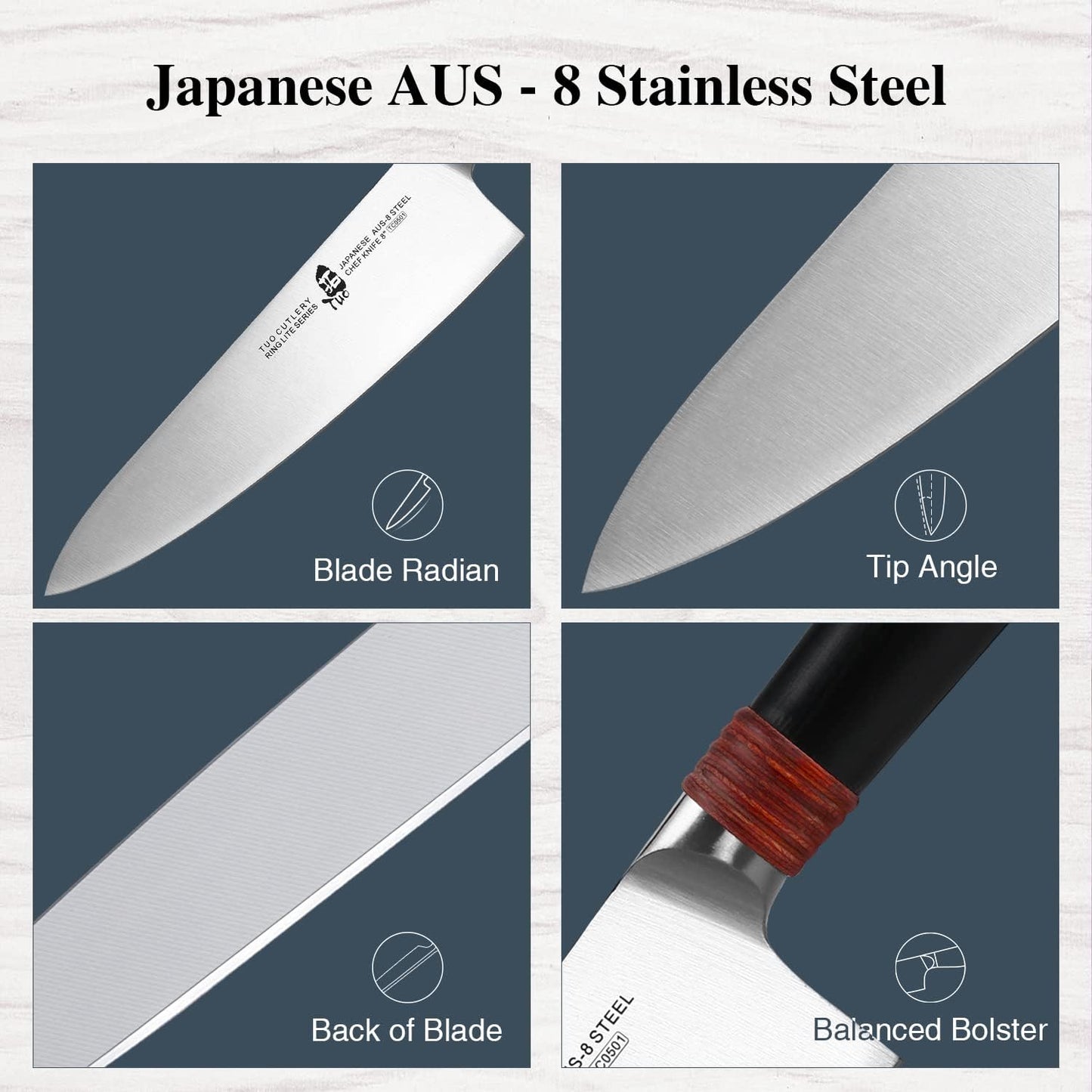 Chef Knife 8 inch Kitchen Knife Cooking Knife Chef's Knife Pro Japanese Gyuto Knife for Vegetable Fruit and Meat, AUS-8 High Carbon Stainless Steel with Ergonomic Handle Gift Box, Ring Lite Series