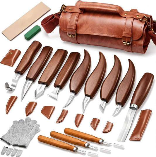 Wood Carving Kit, 17Pcs Wood Carving Tools, Professional Whittling Knife Set, Wooden Hand Knives with Sheath & Deluxe Leather Roll Bag for Beginners Adults & Starter Woodworking