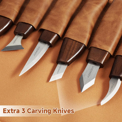 Wood Carving Kit, 17Pcs Wood Carving Tools, Professional Whittling Knife Set, Wooden Hand Knives with Sheath & Deluxe Leather Roll Bag for Beginners Adults & Starter Woodworking