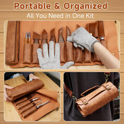 Wood Carving Kit, 17Pcs Wood Carving Tools, Professional Whittling Knife Set, Wooden Hand Knives with Sheath & Deluxe Leather Roll Bag for Beginners Adults & Starter Woodworking